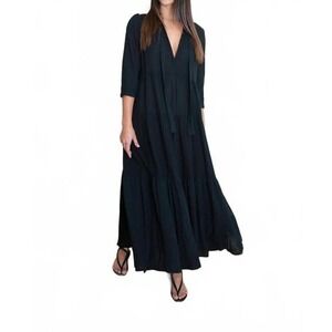Honorine Black Cotton Gauze Tiered Maxi Dress V-Neck Boho Resort Womens Medium